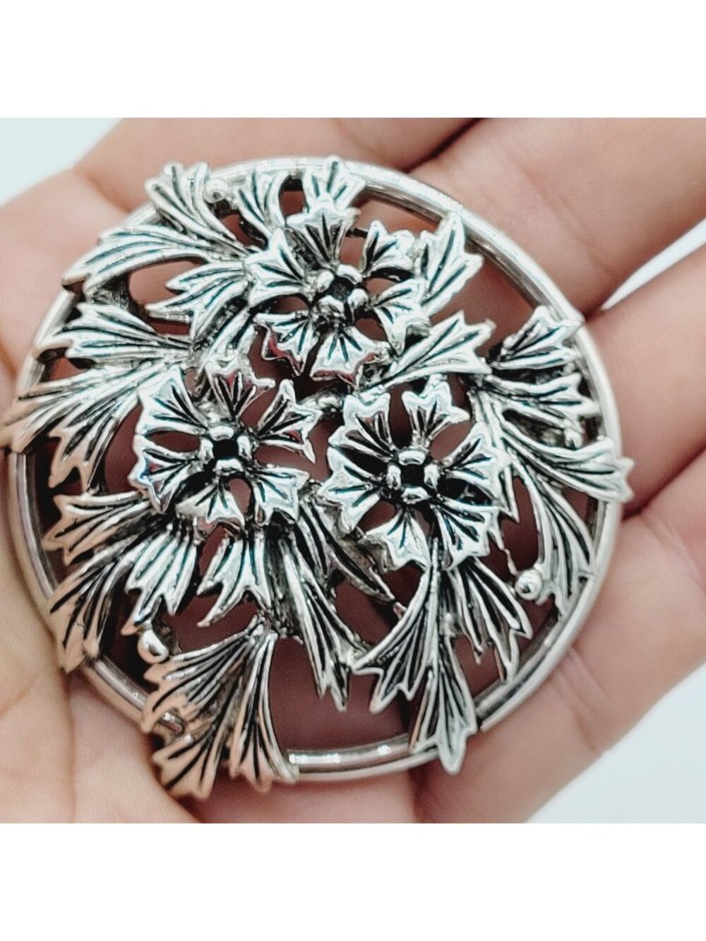 Vintage Judy Lee Round Floral Silver Tone Brooch Pendant Enhancer 2.25"